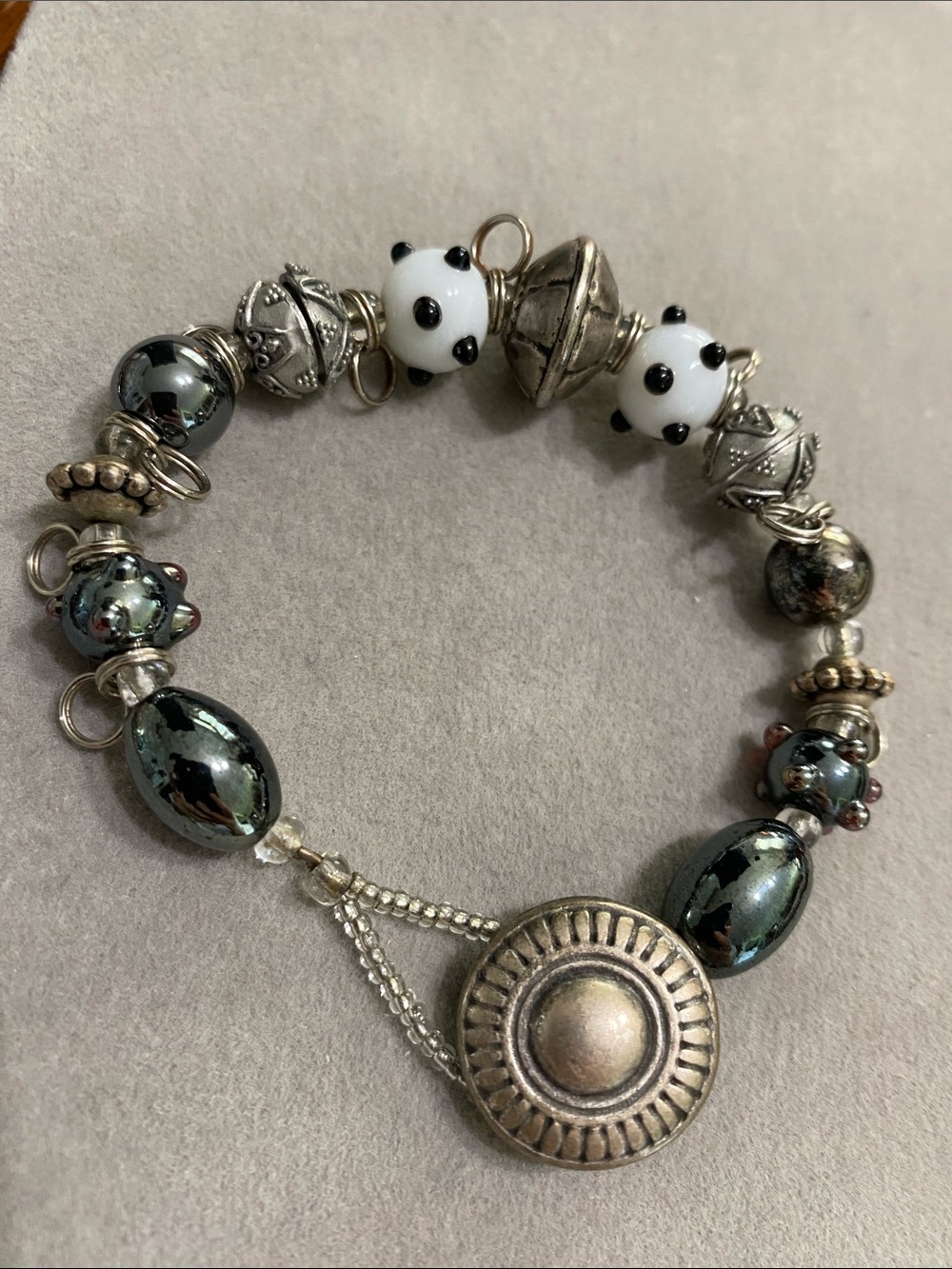 Handmade Silver-Tone and Black Beaded Bracelet